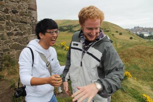 James Kang ('14 and Molecular Biology major,) and Chris Helwig ('14 and History major,) peering off a very tall cliff!