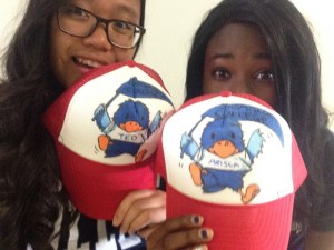 My roommate and I with our personalized Baby Cecil the Sagehen hats!