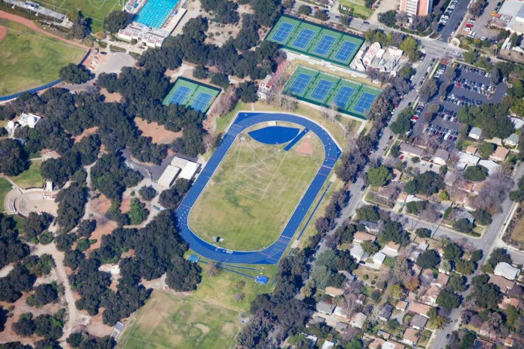 An aerial view of Strehle Track and the field where my Ultimate Frisbee class took place!