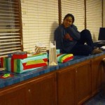 One of my sponsees poses with the gifts for our secret buddy gift exchange... She was basically a gift herself.