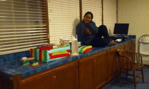 One of my sponsees poses with the gifts for our secret buddy gift exchange... She was basically a gift herself.