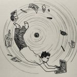 illustration of person on laptop amidst whirl of objects