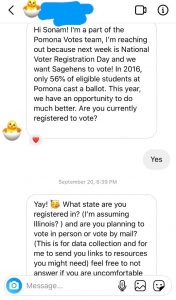 image of text messages from A member of the Pomona Votes Team reaching out to Sonam to vote