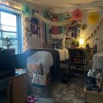 dorm room with garlands and wall decorations